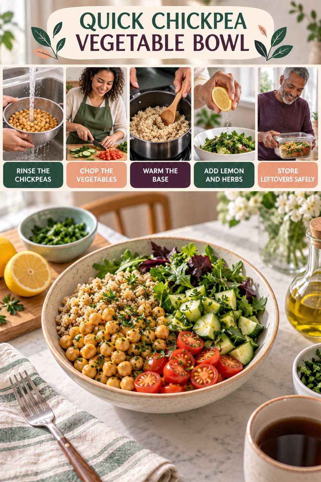 Quick Chickpea Vegetable Bowl for High Protein Dinner with five readable preparation cues and a realistic finished dish.