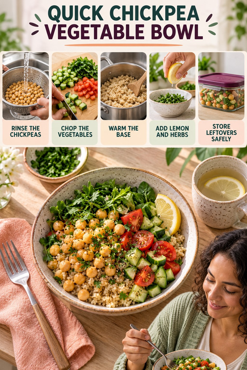 Quick Chickpea Vegetable Bowl for Low Carb Recipes with five readable preparation cues and a realistic finished dish.