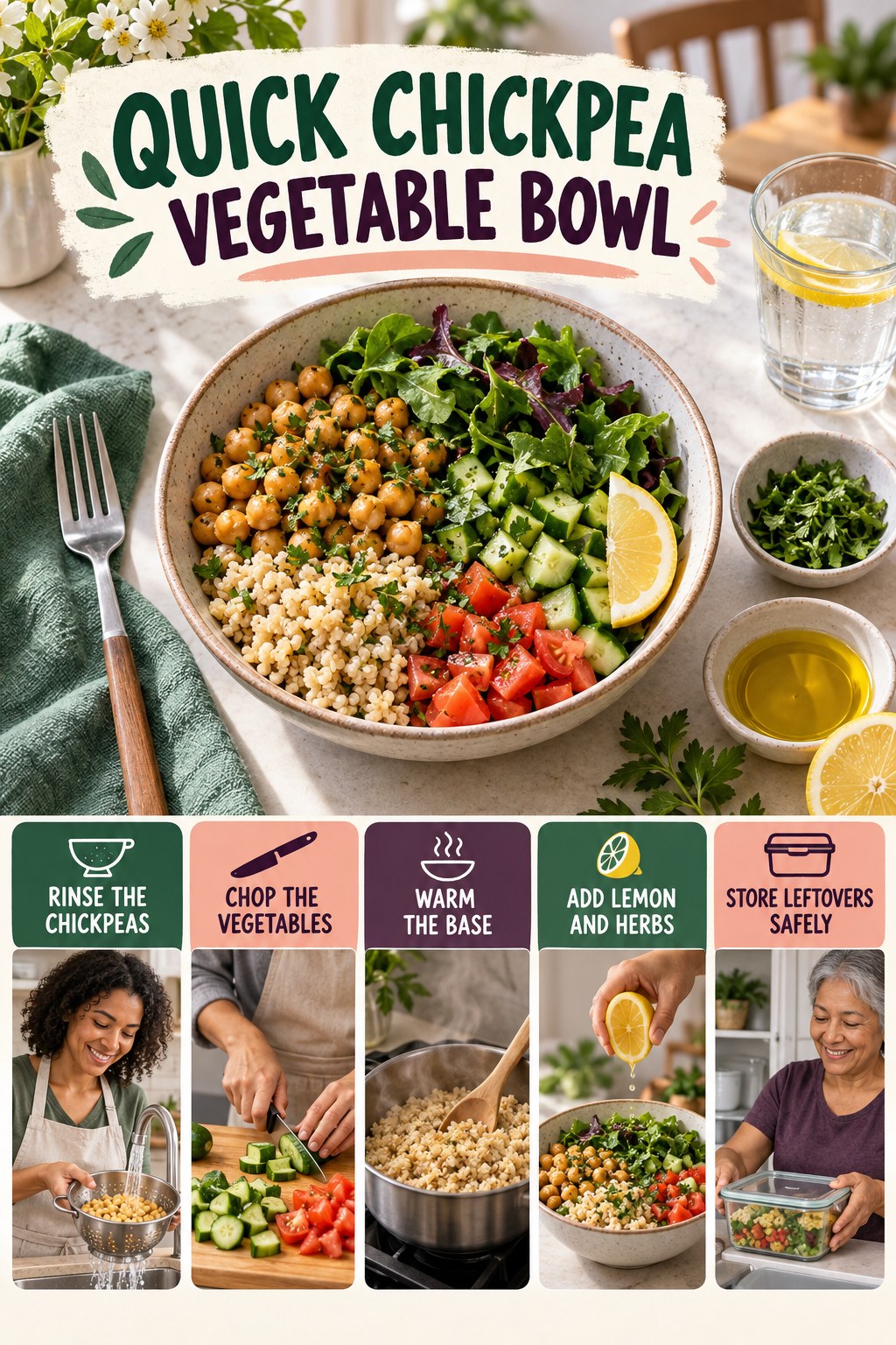 Quick Chickpea Vegetable Bowl for Meal Prep Ideas with five readable preparation cues and a realistic finished dish.