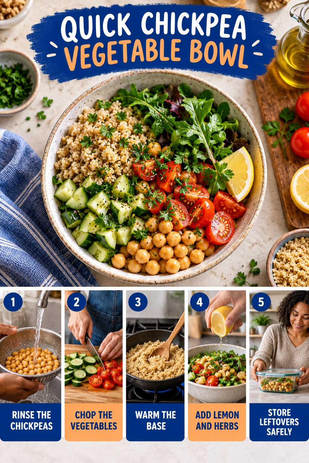 Quick Chickpea Vegetable Bowl for Mediterranean Diet with five readable preparation cues and a realistic finished dish.