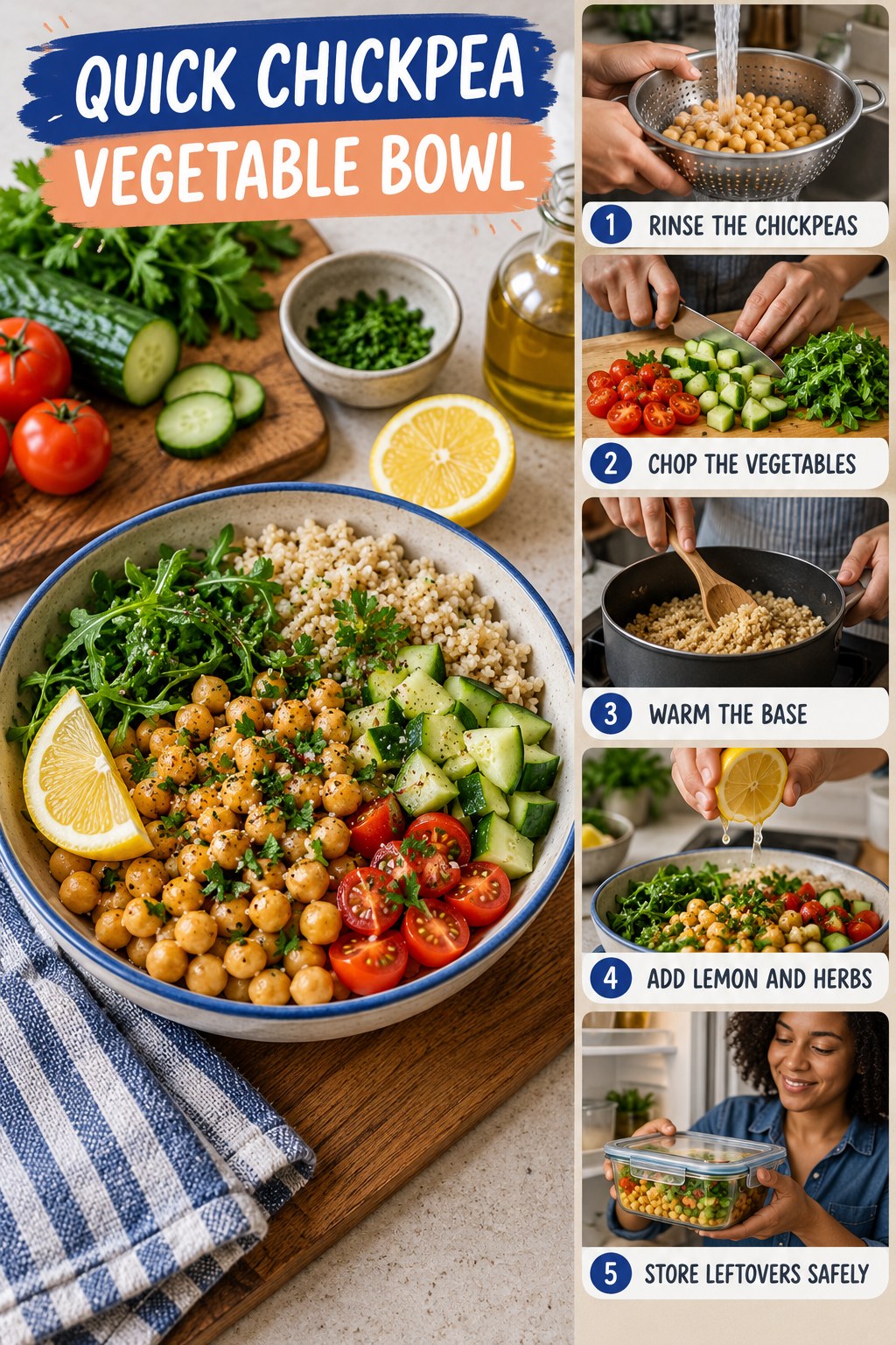 Quick Chickpea Vegetable Bowl for Weight Loss Recipes with five readable preparation cues and a realistic finished dish.