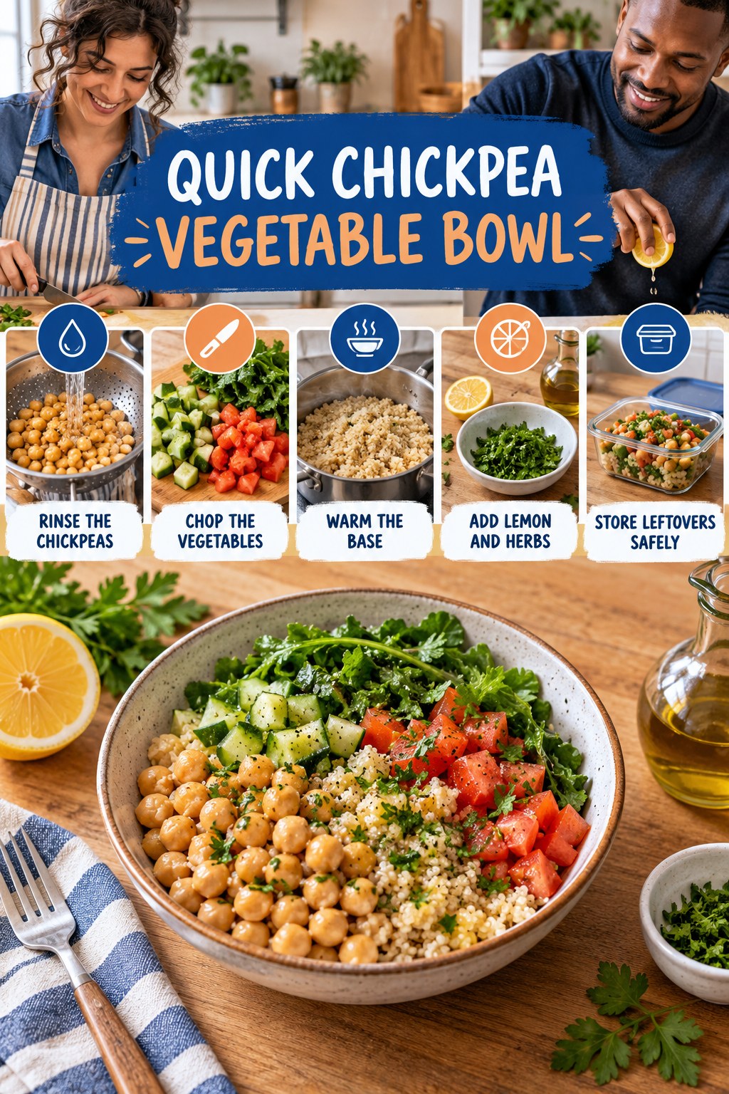 Quick Chickpea Vegetable Bowl for Weight Loss Smoothies with five readable preparation cues and a realistic finished dish.