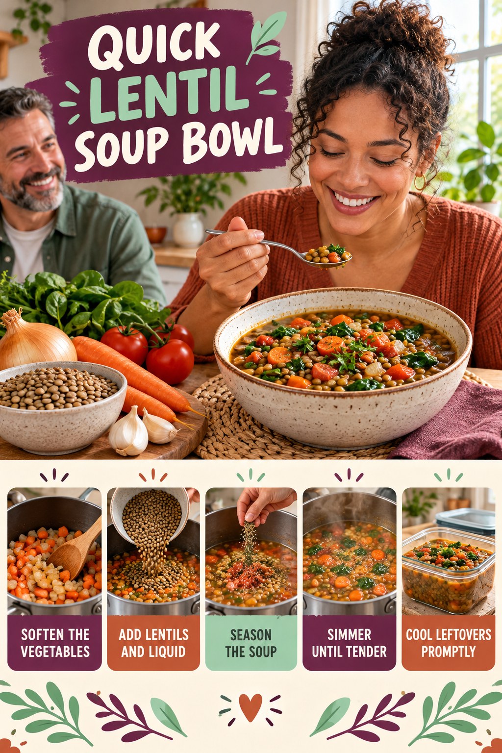 Quick Lentil Soup Bowl for Weight Loss Journey with five readable preparation cues and a realistic finished dish.