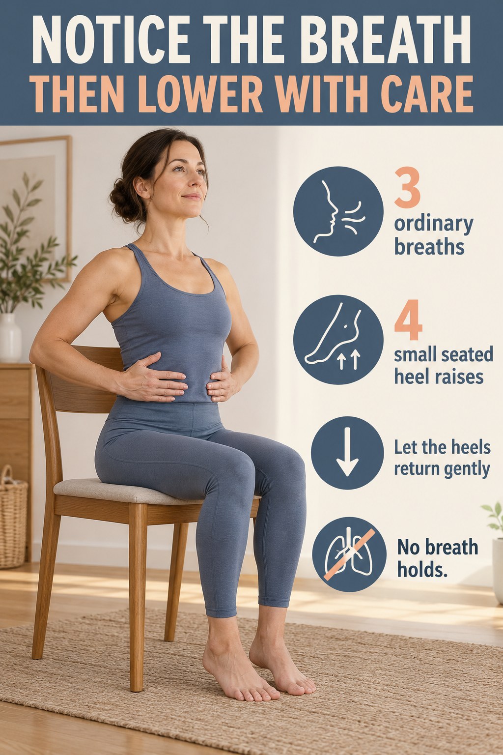 Adult seated on a wooden chair with hands at the lower ribs beside ordinary-breathing and seated heel-raise instructions.