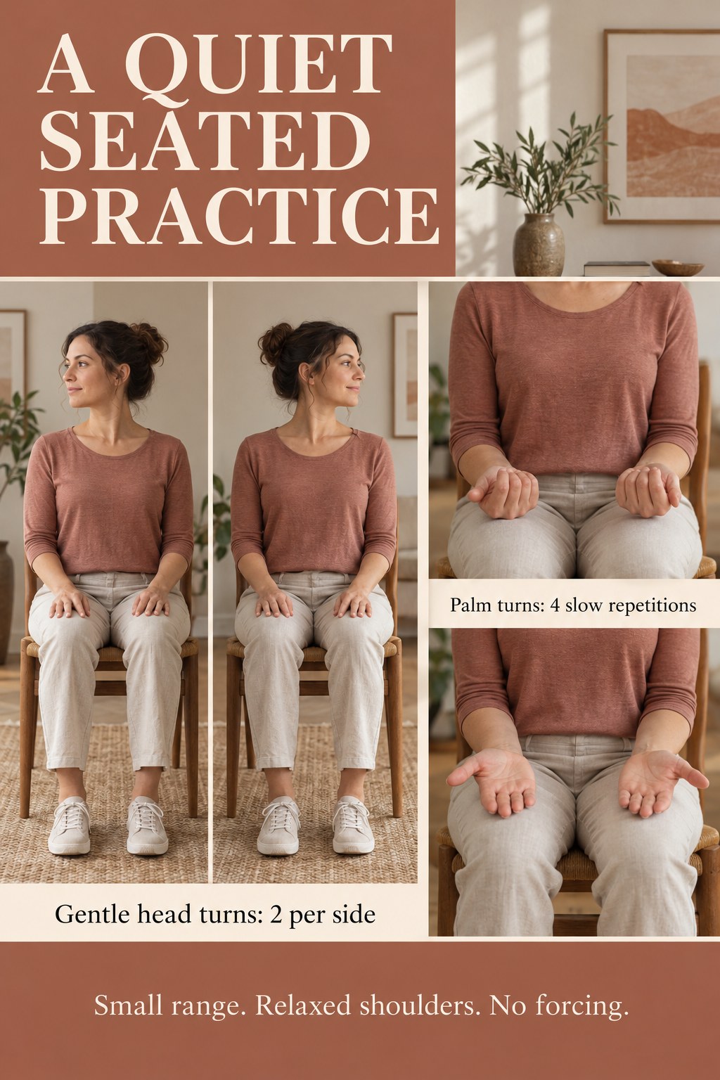 Seated woman demonstrates gentle head turns and relaxed palm rotations in a terracotta exercise guide.