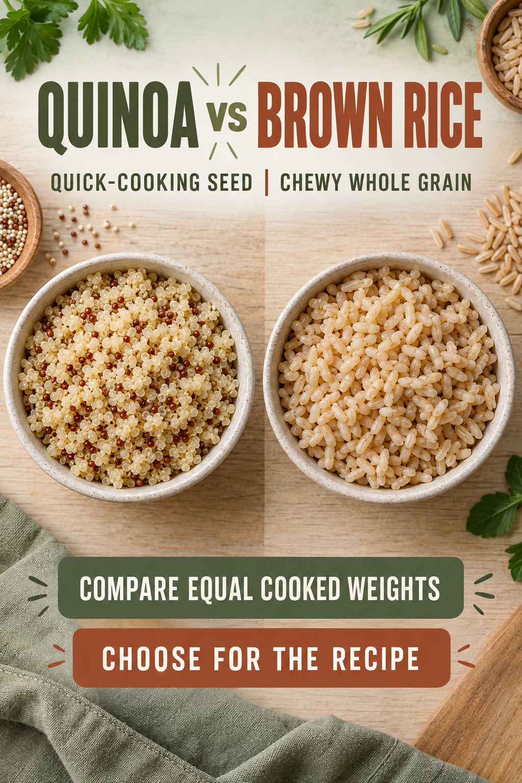 Quinoa and brown rice shown in equal cooked portions for a fair comparison of texture, meal planning, and recipe uses.