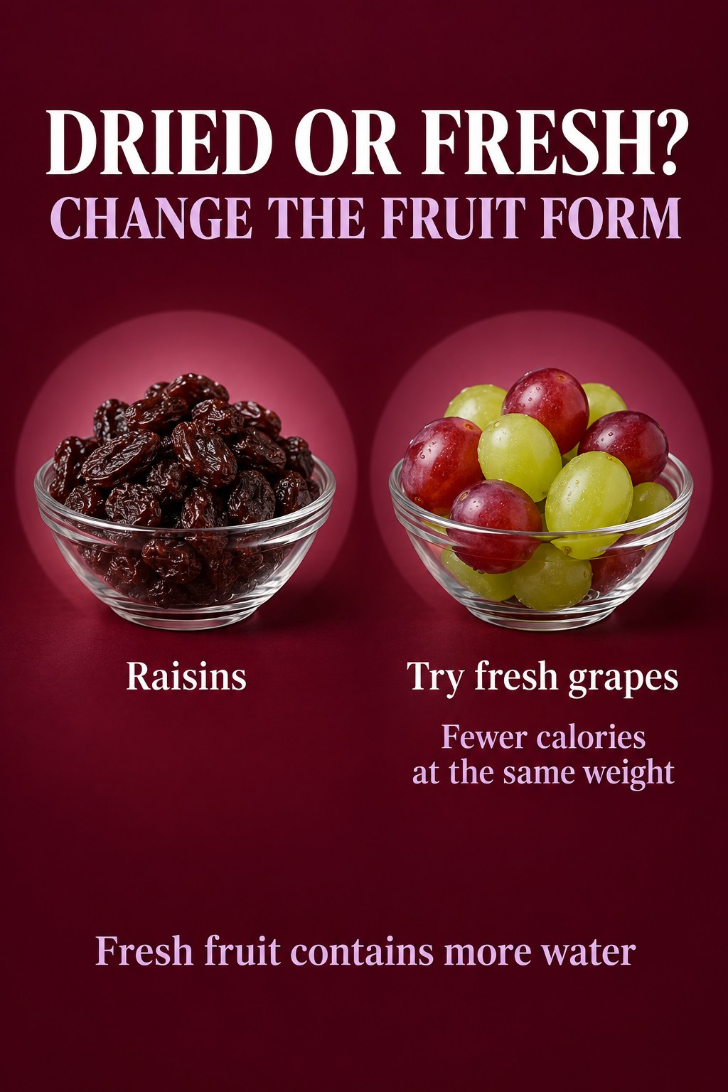 Burgundy spotlight graphic compares raisins and fresh grapes, with fewer calories at the same weight beneath grapes.