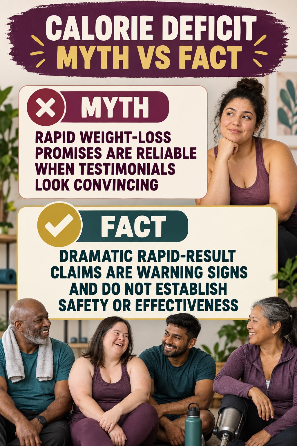 Calorie Deficit Myth vs Fact graphic correcting the misconception about rapid-result claims.