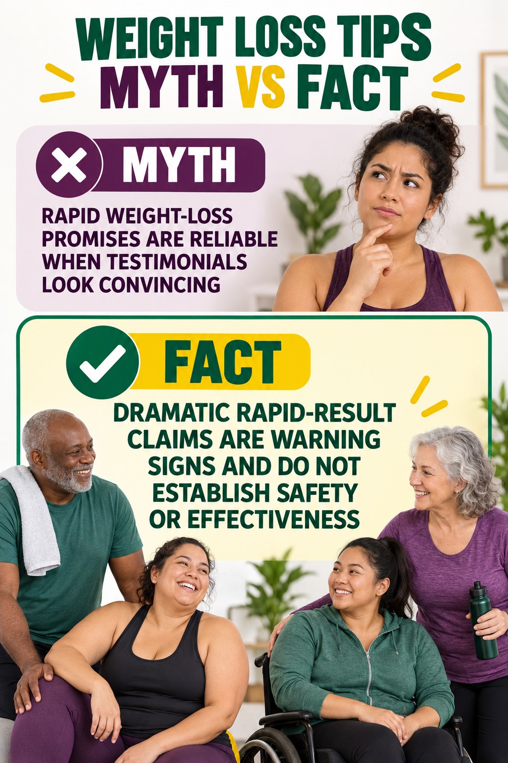 Weight Loss Tips Myth vs Fact graphic correcting the misconception about rapid-result claims.