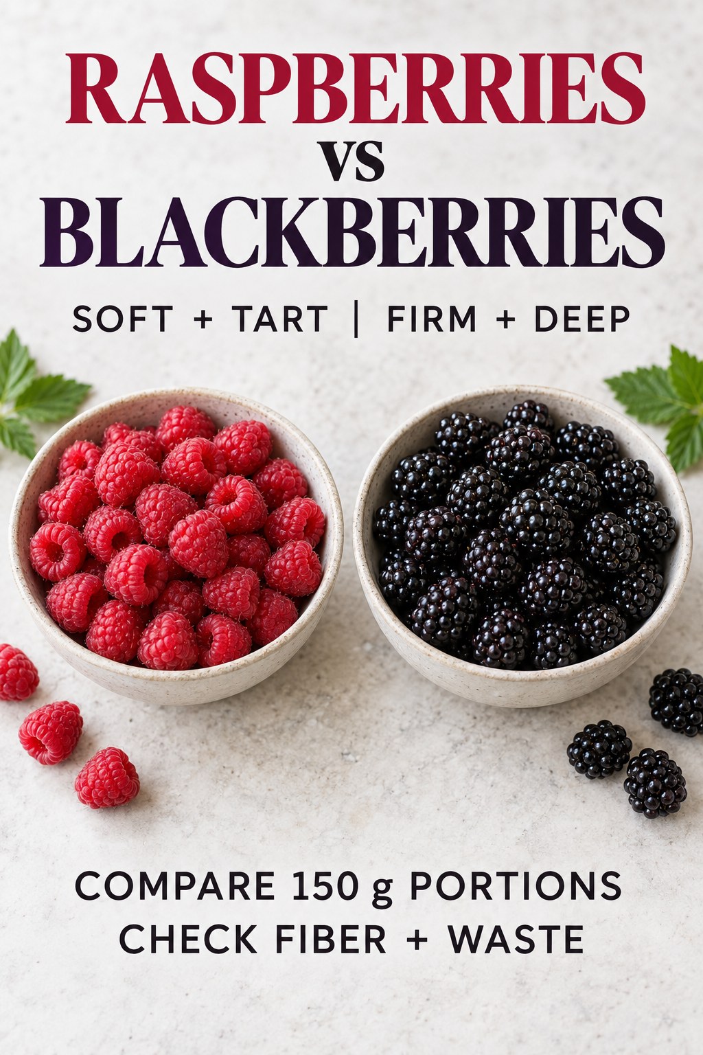 Fresh raspberries and blackberries in equal 150-gram snack bowls without toppings.