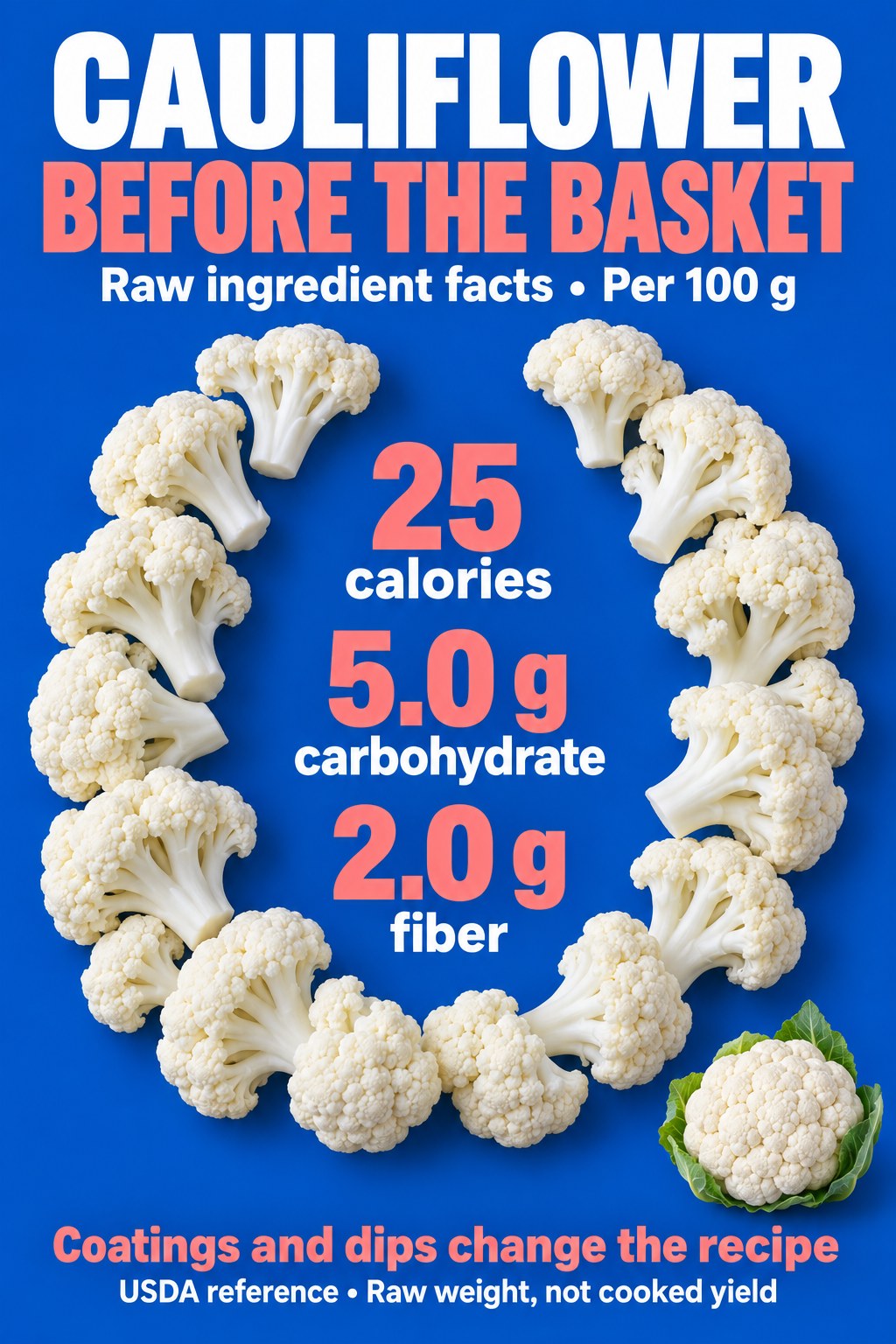 Raw cauliflower infographic with 25 calories, 5.0 g carbohydrate, and 2.0 g fiber per 100 g, noting coatings and dips change the recipe.