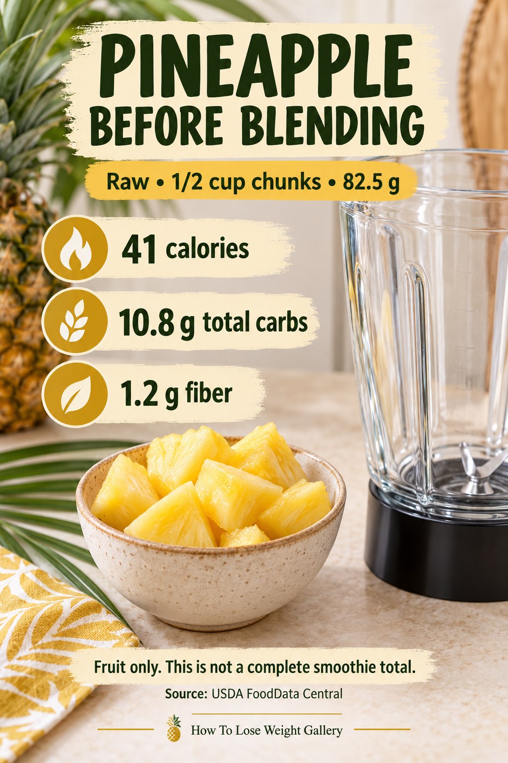 Pineapple nutrition card showing 41 calories, 10.8 grams total carbs, and 1.2 grams fiber for 82.5 grams of raw chunks.