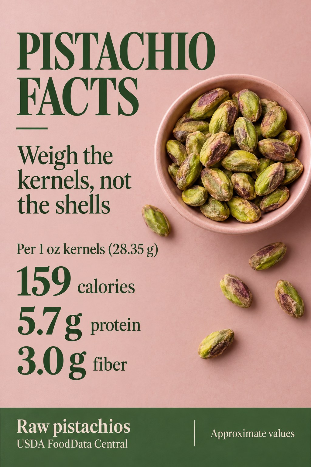 Raw pistachio nutrition card with 159 calories, 5.7 grams protein and 3.0 grams fiber per ounce of kernels weighing 28.35 grams.
