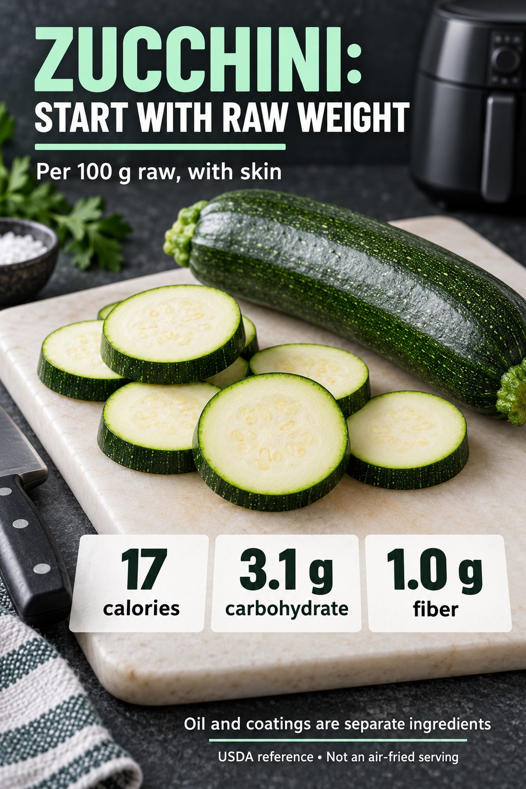 Raw zucchini preparation graphic showing 17 calories, 3.1 g carbohydrate, and 1.0 g fiber per 100 g with skin, excluding oil and coatings.