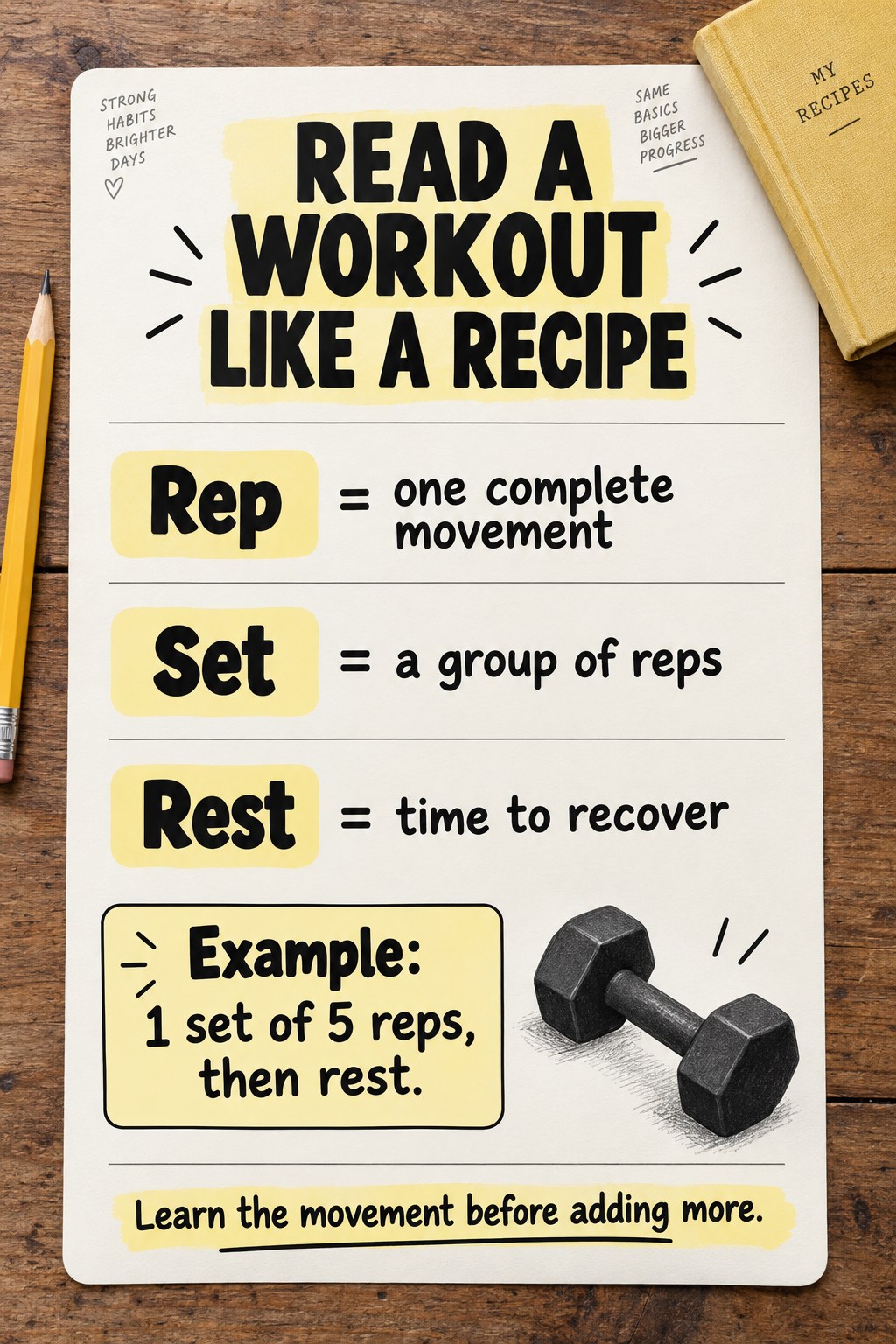 A yellow recipe-style workout card defines rep, set, and rest and gives an example of one set of five repetitions.