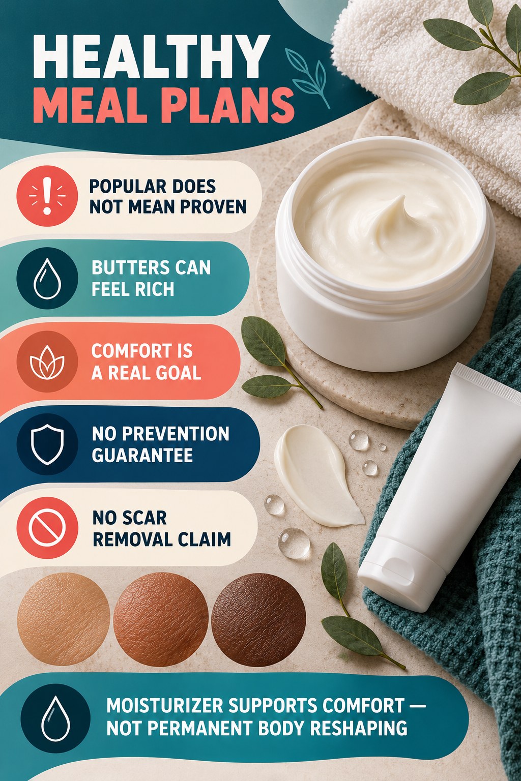 Read Cocoa and Shea Butter Claims Carefully body-moisturization infographic for Healthy Meal Plans with four body-neutral comfort actions.
