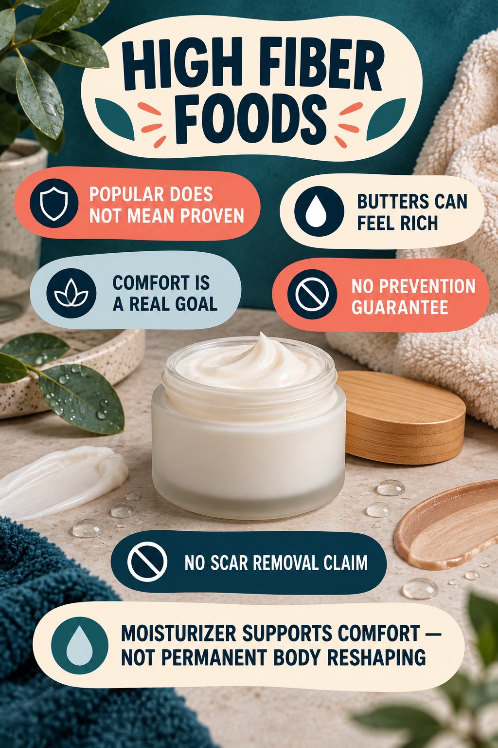 Read Cocoa and Shea Butter Claims Carefully body-moisturization infographic for High Fiber Foods with four body-neutral comfort actions.