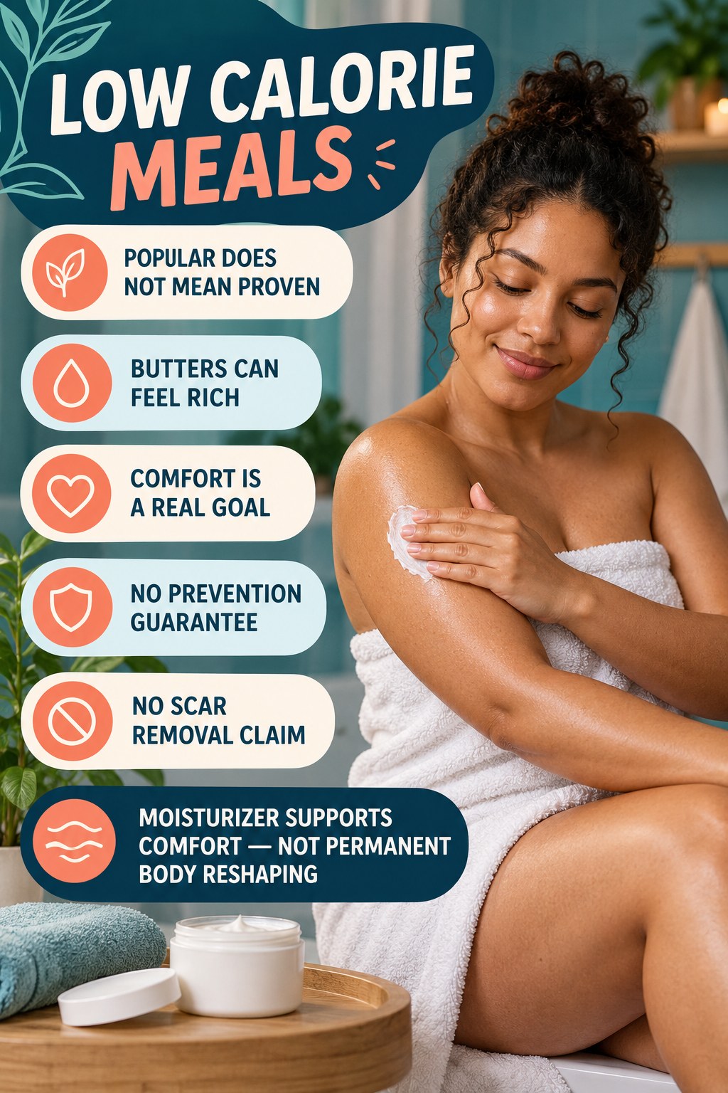Read Cocoa and Shea Butter Claims Carefully body-moisturization infographic for Low Calorie Meals with four body-neutral comfort actions.