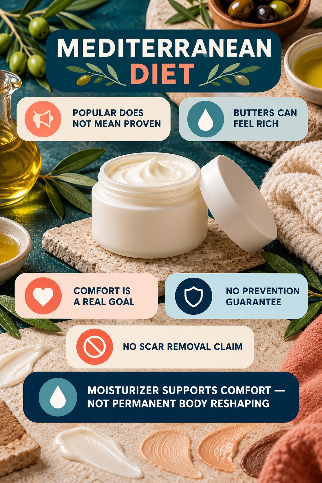 Read Cocoa and Shea Butter Claims Carefully body-moisturization infographic for Mediterranean Diet with four body-neutral comfort actions.
