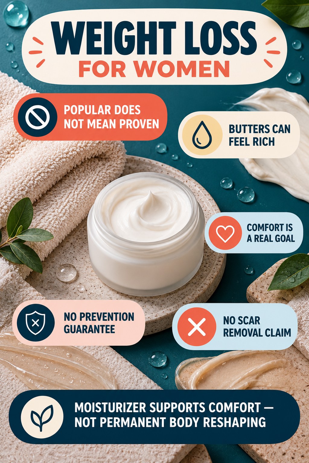 Read Cocoa and Shea Butter Claims Carefully body-moisturization infographic for Weight Loss for Women with four body-neutral comfort actions.