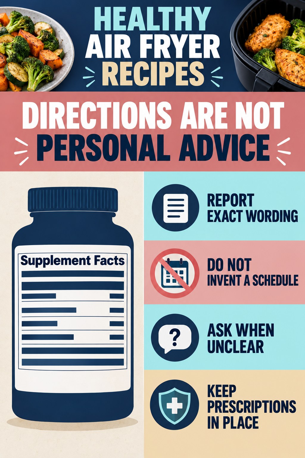 Read Directions Without Turning Them Into Advice infographic for Healthy Air Fryer Recipes with four concise probiotic-label reading points.