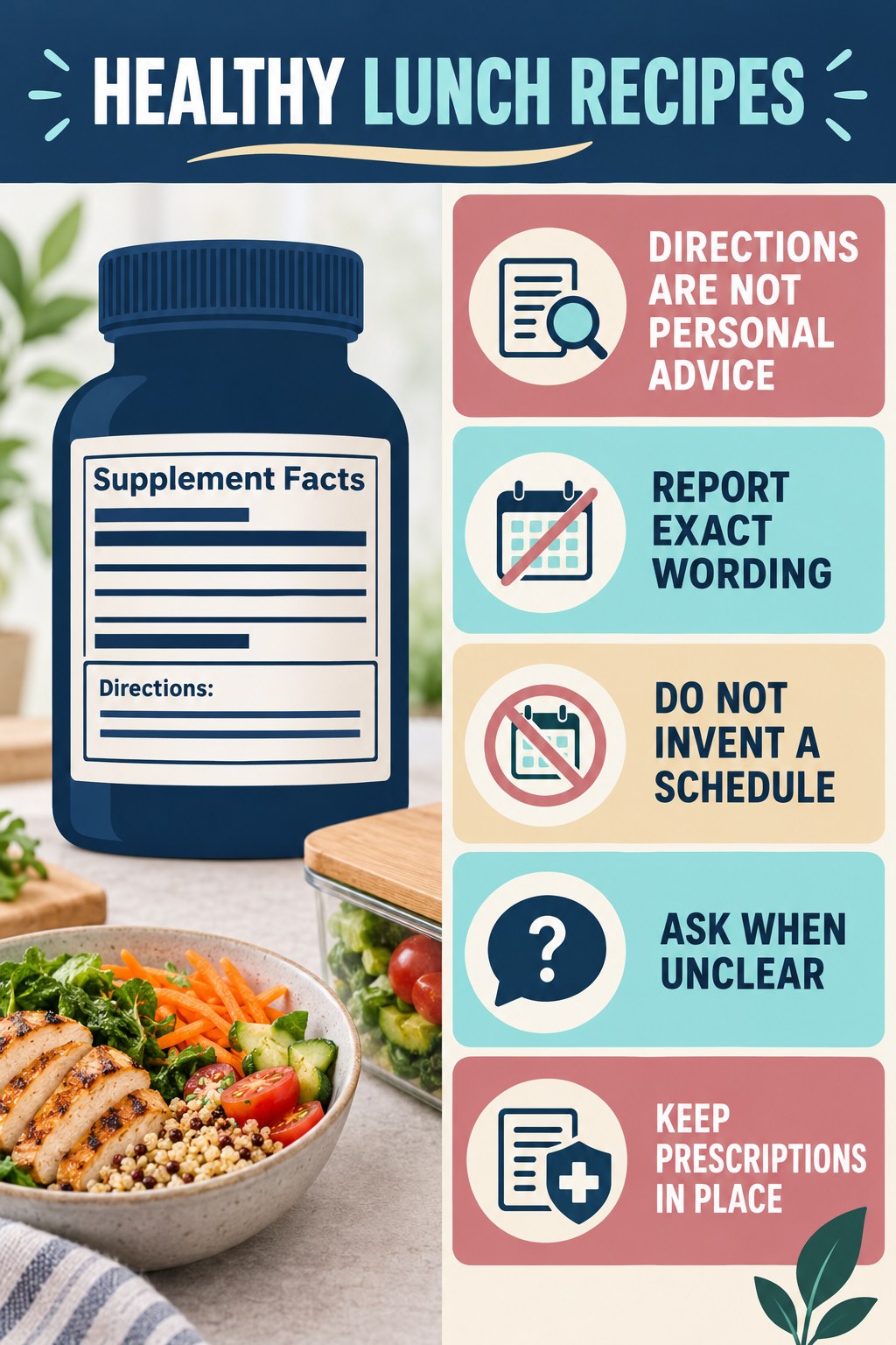 Read Directions Without Turning Them Into Advice infographic for Healthy Lunch Recipes with four concise probiotic-label reading points.