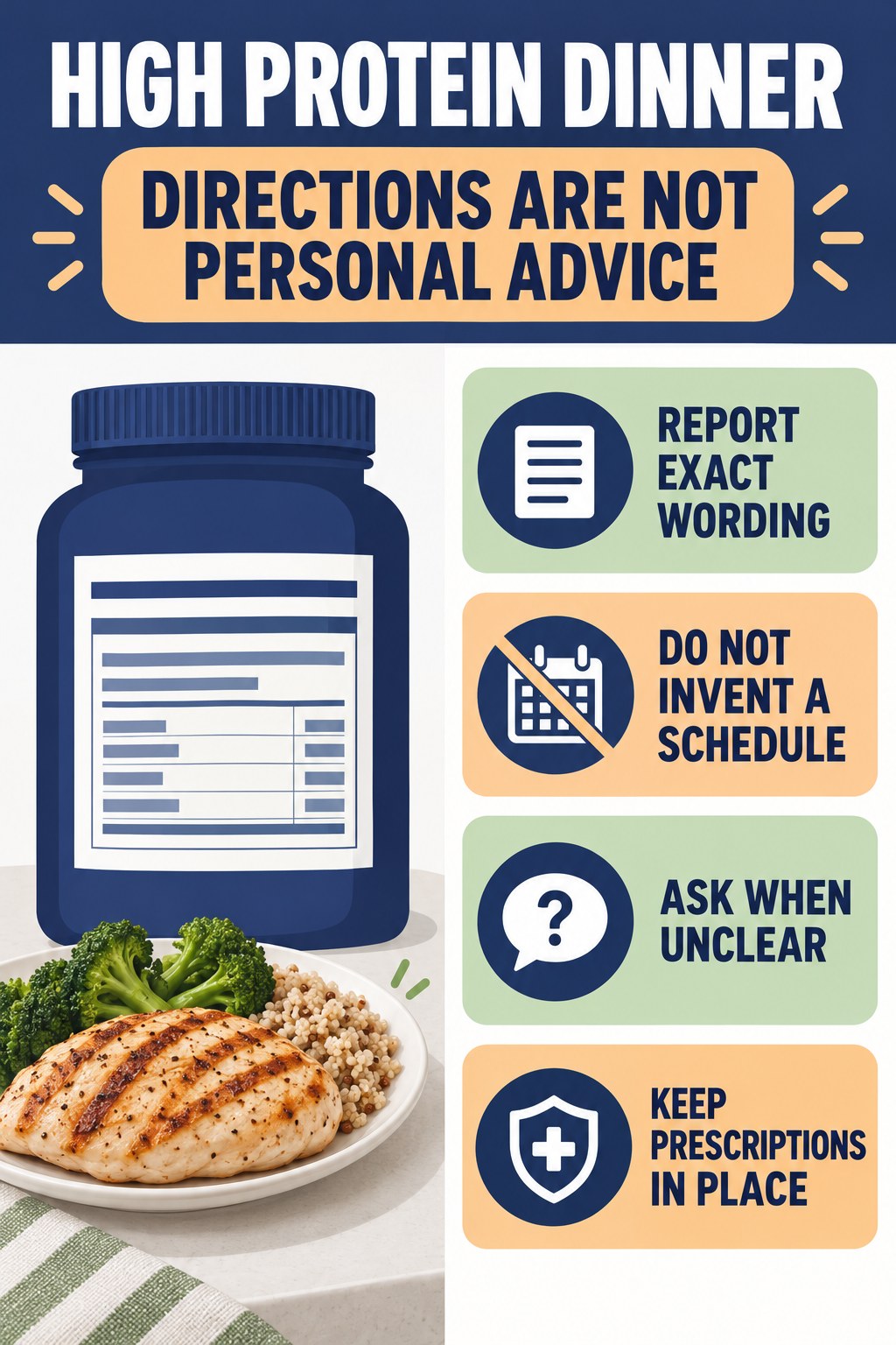 Read Directions Without Turning Them Into Advice infographic for High Protein Dinner with four concise probiotic-label reading points.