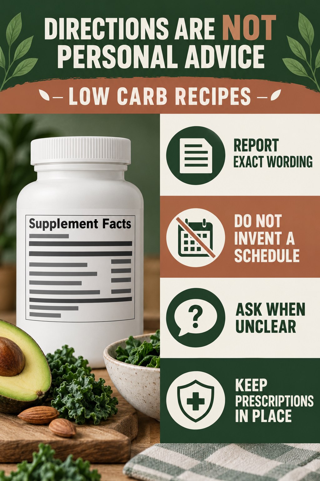 Read Directions Without Turning Them Into Advice infographic for Low Carb Recipes with four concise probiotic-label reading points.