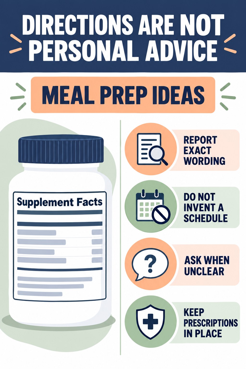 Read Directions Without Turning Them Into Advice infographic for Meal Prep Ideas with four concise probiotic-label reading points.