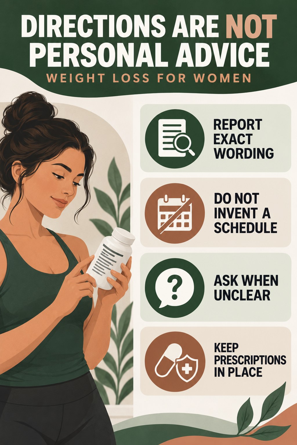 Read Directions Without Turning Them Into Advice infographic for Weight Loss for Women with four concise probiotic-label reading points.