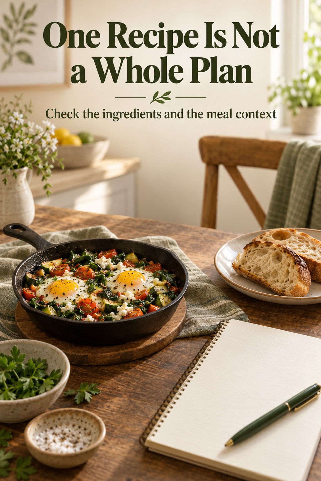 Open recipe card beside a vegetable and egg dish with separate bread on the table.