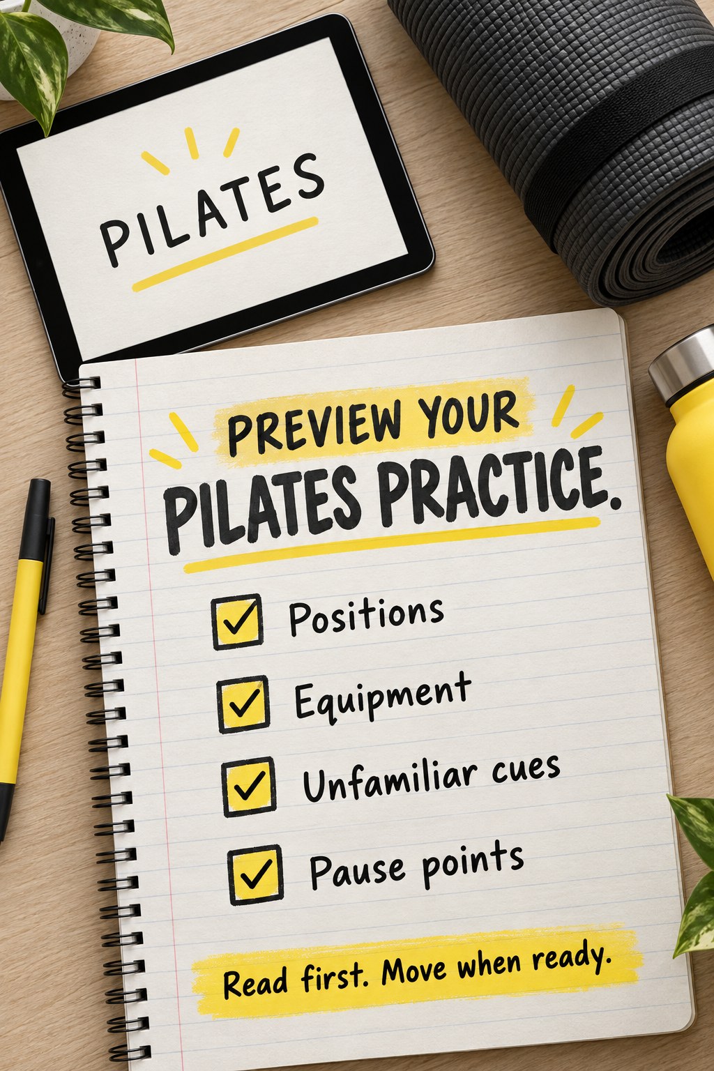 Notebook listing Pilates preparation questions beside a tablet and rolled mat.
