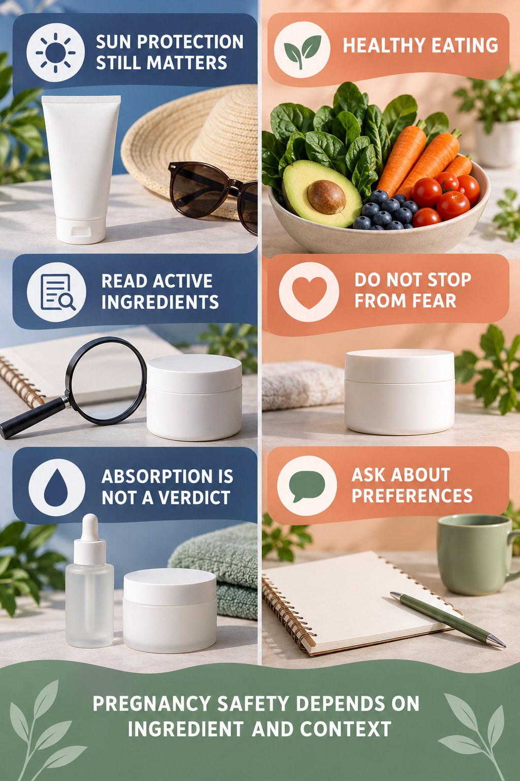 Read Sunscreen Active Ingredients Without Fear pregnancy skincare ingredient-question infographic for Healthy Eating with four careful label-review points.