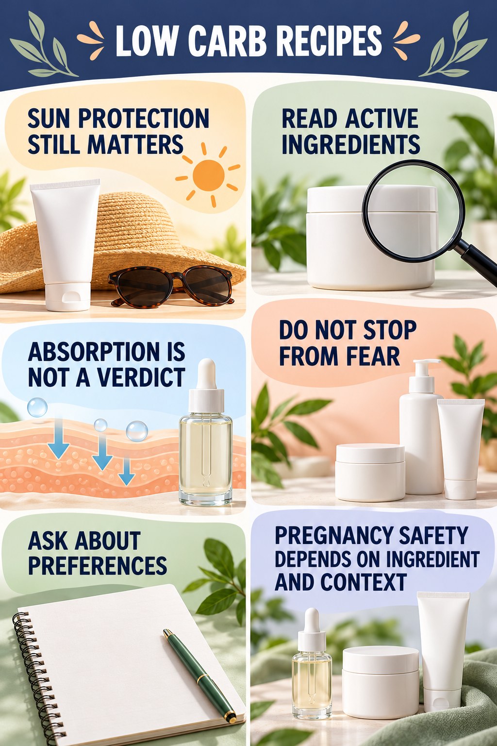 Read Sunscreen Active Ingredients Without Fear pregnancy skincare ingredient-question infographic for Low Carb Recipes with four careful label-review points.