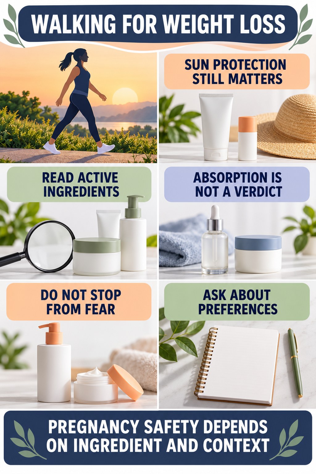 Read Sunscreen Active Ingredients Without Fear pregnancy skincare ingredient-question infographic for Walking for Weight Loss with four careful label-review points.