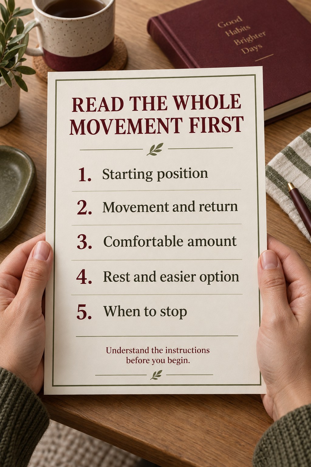 Hands hold a cream and burgundy card listing five things to read before beginning an exercise.