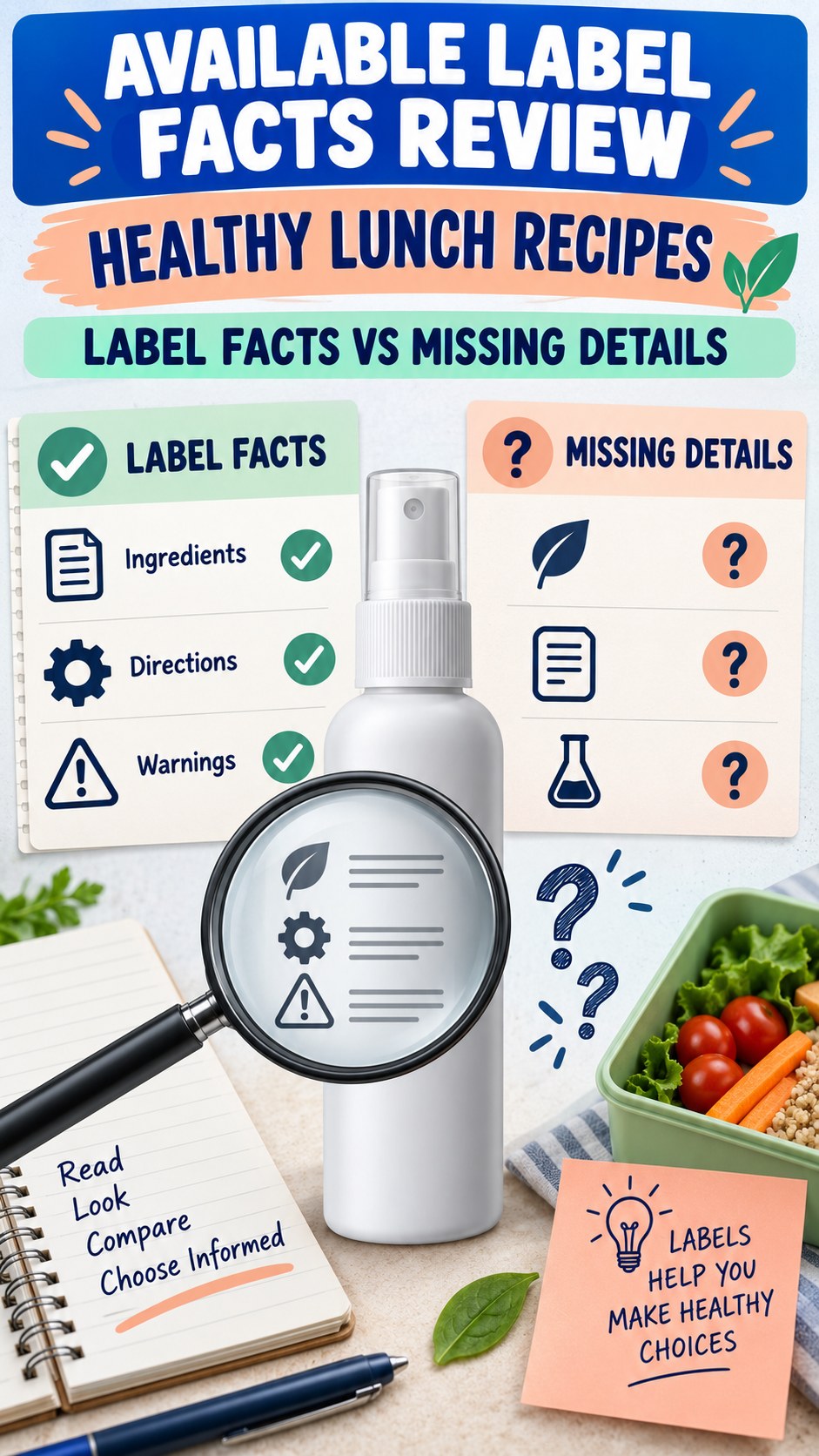 Available Label Facts Review infographic for Healthy Lunch Recipes, showing a generic spray-label checklist that separates available facts, missing details, and evidence questions.