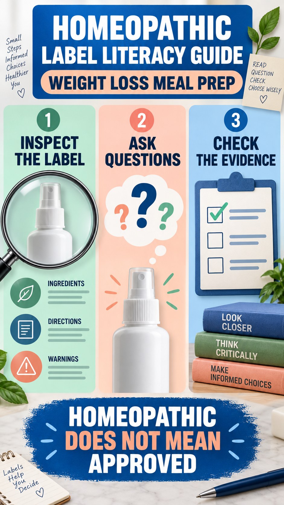 Homeopathic Label Literacy Guide infographic for Weight Loss Meal Prep, showing a generic spray-label checklist that separates available facts, missing details, and evidence questions.