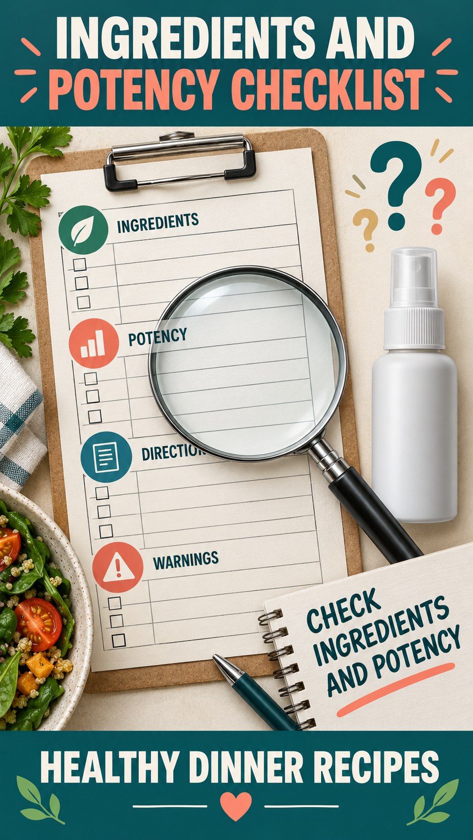 Ingredients and Potency Checklist infographic for Healthy Dinner Recipes, showing a generic spray-label checklist that separates available facts, missing details, and evidence questions.