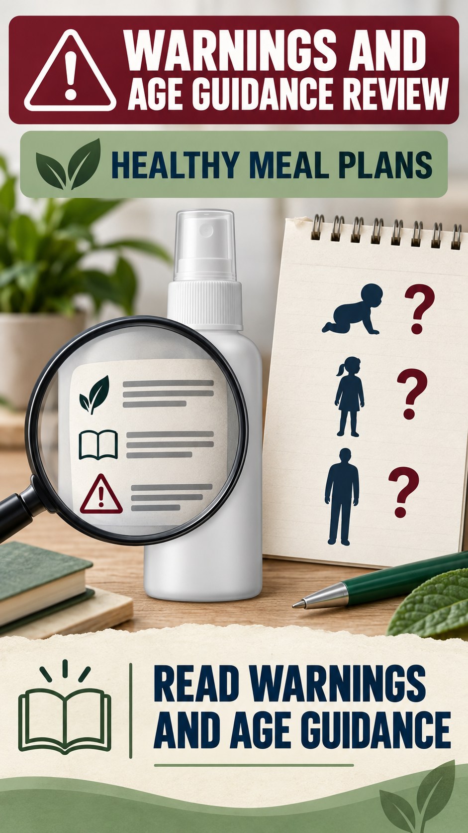 Warnings and Age Guidance Review infographic for Healthy Meal Plans, showing a generic spray-label checklist that separates available facts, missing details, and evidence questions.
