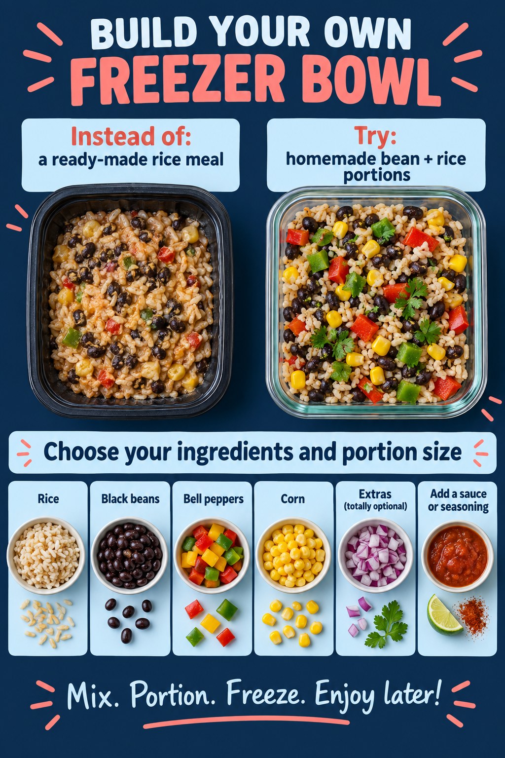 Ready-made rice tray compared with a homemade bean, rice, pepper and corn freezer bowl and ingredient labels.