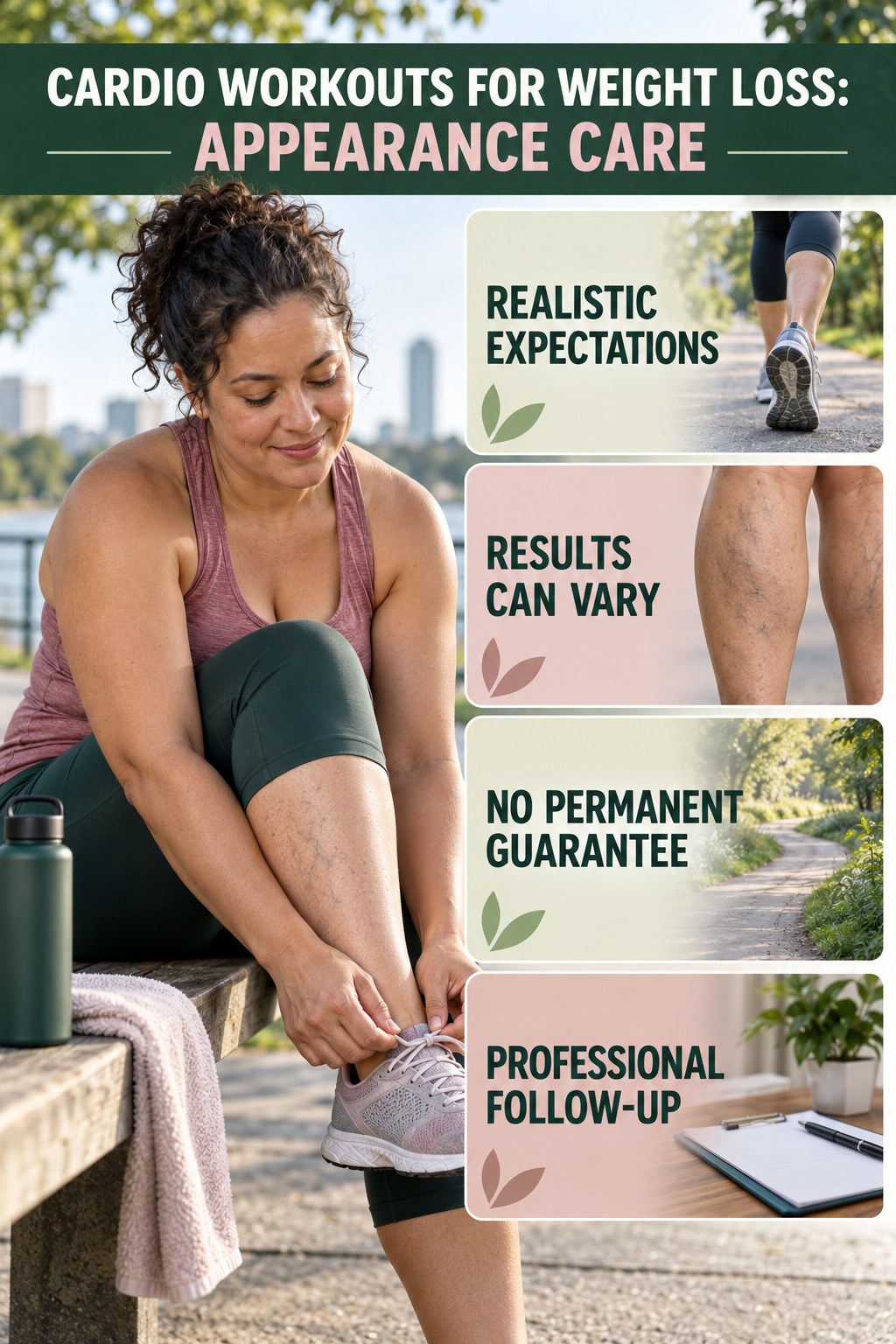 Realistic Procedure Expectations infographic for Cardio Workouts for Weight Loss, showing body-neutral visible-leg-vein appearance care and the boundary between temporary cosmetic support and treatment.