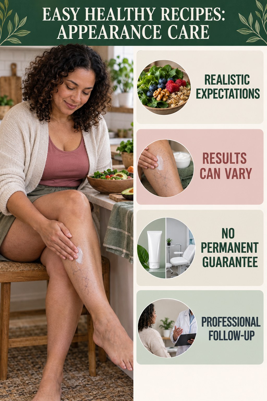 Realistic Procedure Expectations infographic for Easy Healthy Recipes, showing body-neutral visible-leg-vein appearance care and the boundary between temporary cosmetic support and treatment.