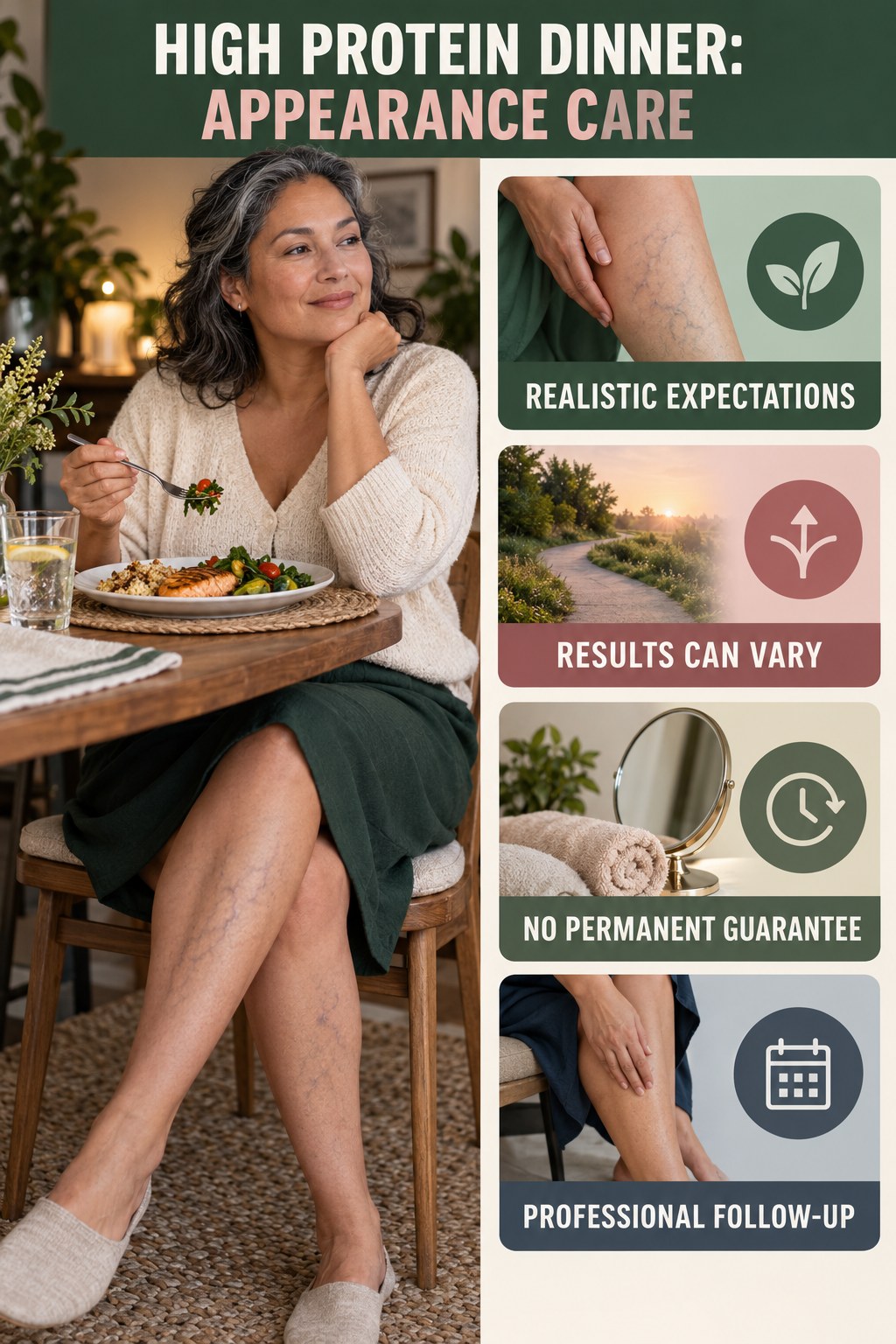 Realistic Procedure Expectations infographic for High Protein Dinner, showing body-neutral visible-leg-vein appearance care and the boundary between temporary cosmetic support and treatment.