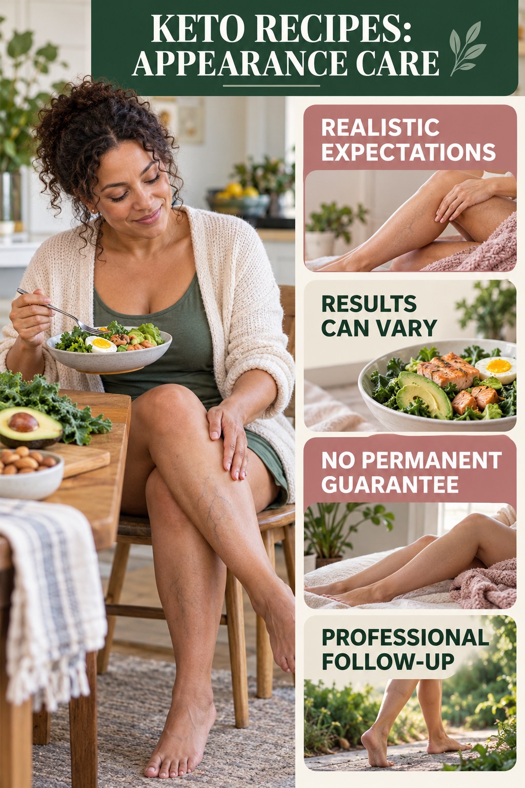 Realistic Procedure Expectations infographic for Keto Recipes, showing body-neutral visible-leg-vein appearance care and the boundary between temporary cosmetic support and treatment.