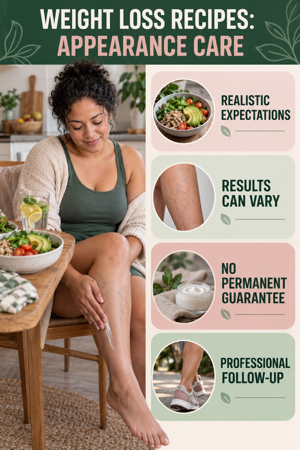 Realistic Procedure Expectations infographic for Weight Loss Recipes, showing body-neutral visible-leg-vein appearance care and the boundary between temporary cosmetic support and treatment.