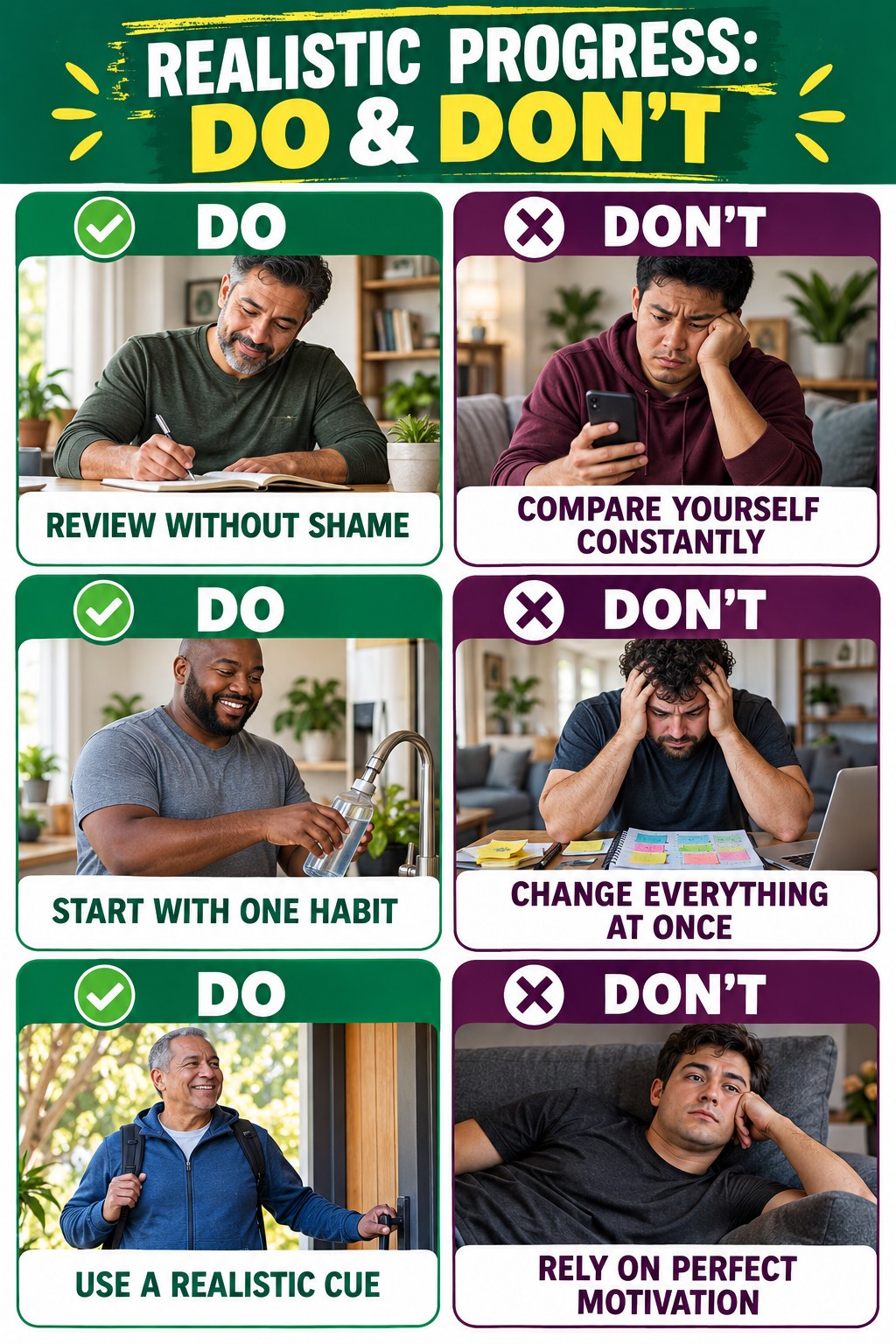 Weight Loss for Men Do and Don’t comparison graphic showing three practical behavior pairs for realistic progress.