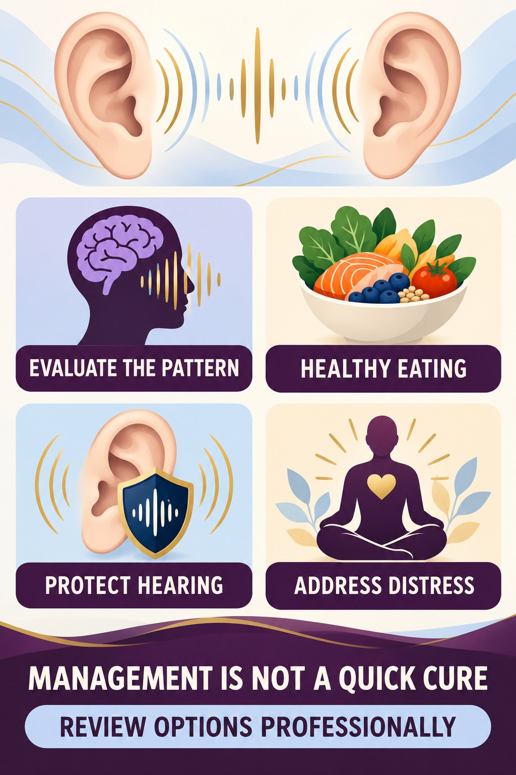 Realistic Tinnitus Management infographic for Healthy Eating with four concise tinnitus-awareness points.