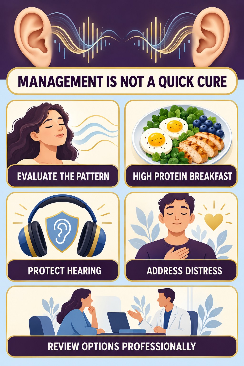 Realistic Tinnitus Management infographic for High Protein Breakfast with four concise tinnitus-awareness points.