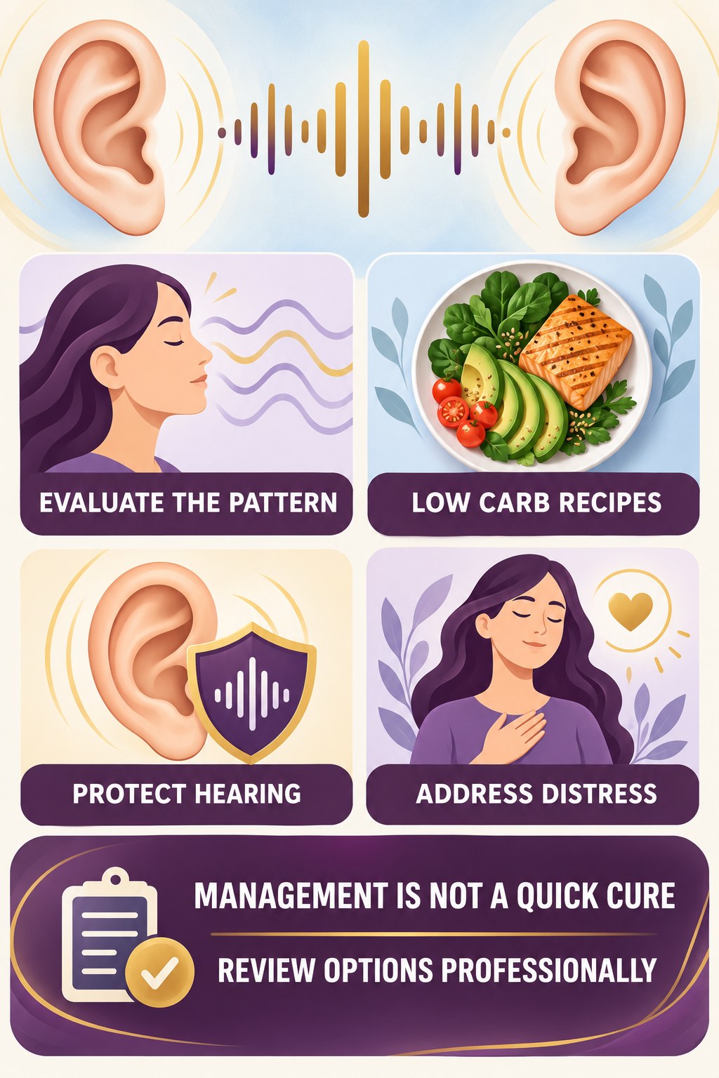 Realistic Tinnitus Management infographic for Low Carb Recipes with four concise tinnitus-awareness points.